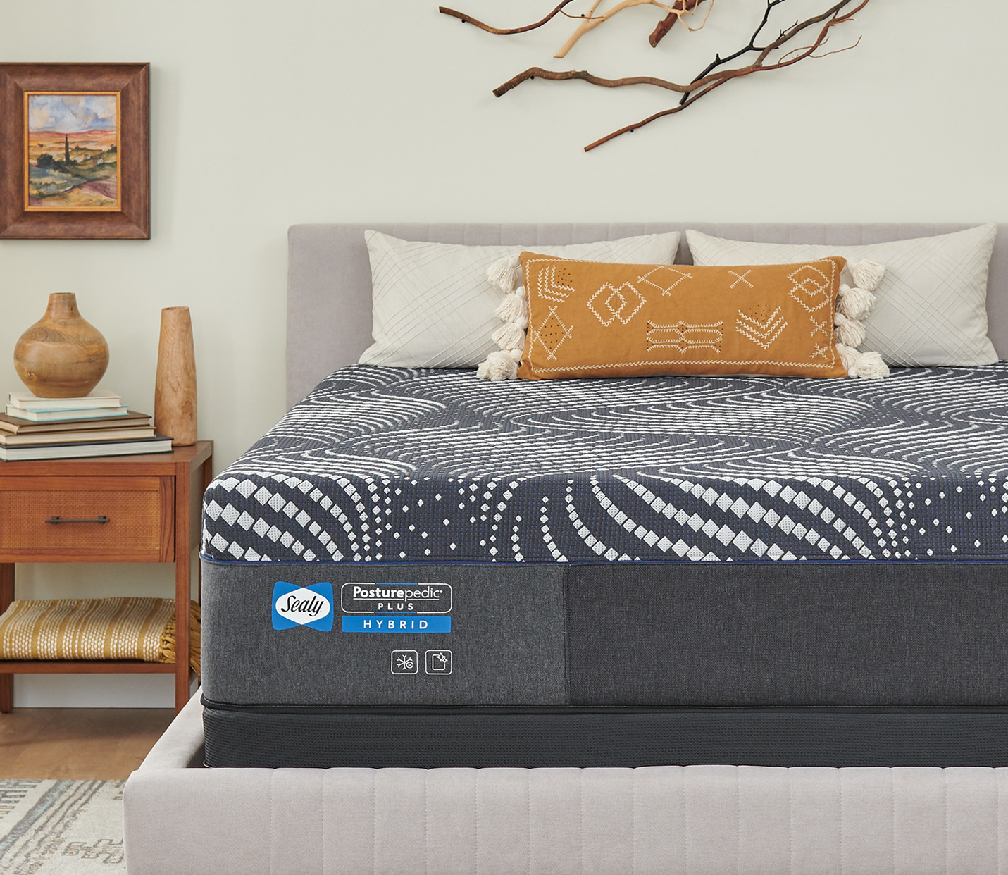 Sealy Hybrid Posturepedic® bed in styled bedroom